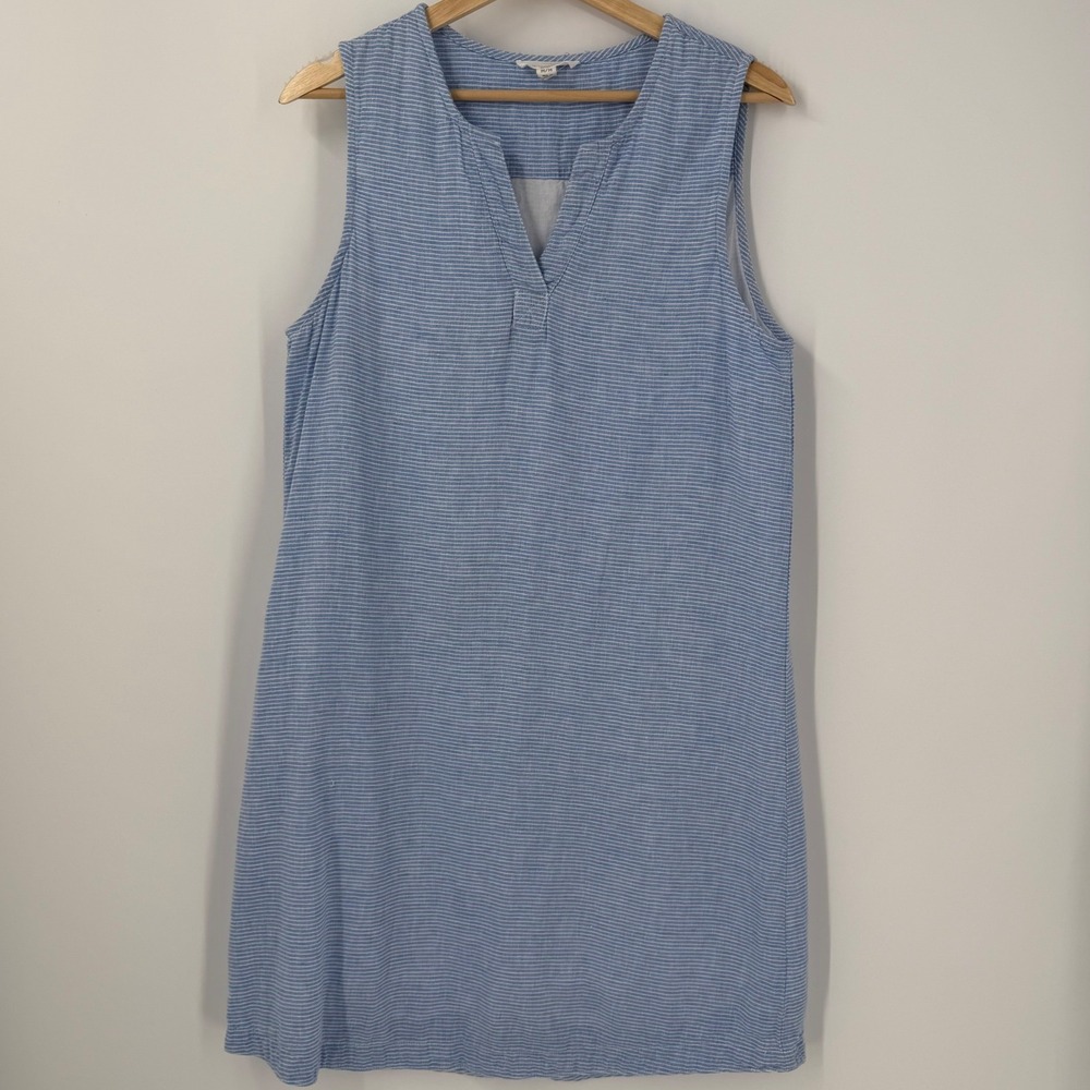 BeachLunchlounge Linen Cotton Women V-Neck Dress Medium Blue White Coastal Beach